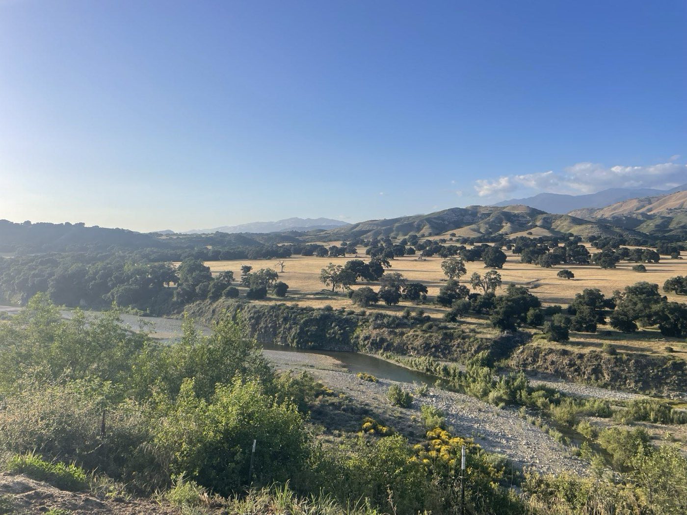 Oak savanna and a river bend below dry hills in early light.